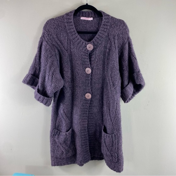 Moda Immagine Women’s Purple Short Sleeve Cable Knit Button Front Cardigan Sz M - Picture 3 of 12